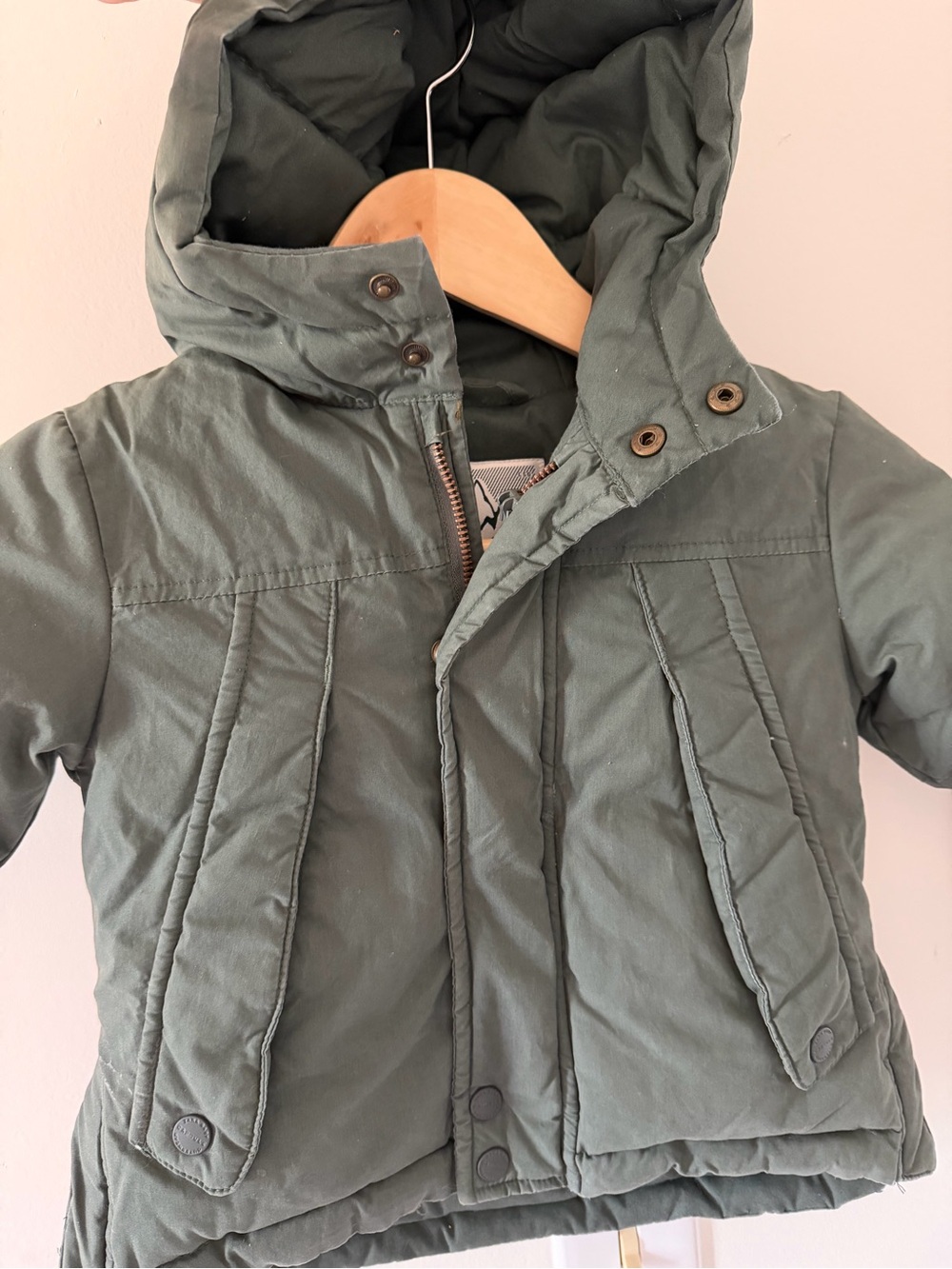 Zara Baby Capsule Down Collection Olive Green Hooded Puffer Jacket 9-12 months